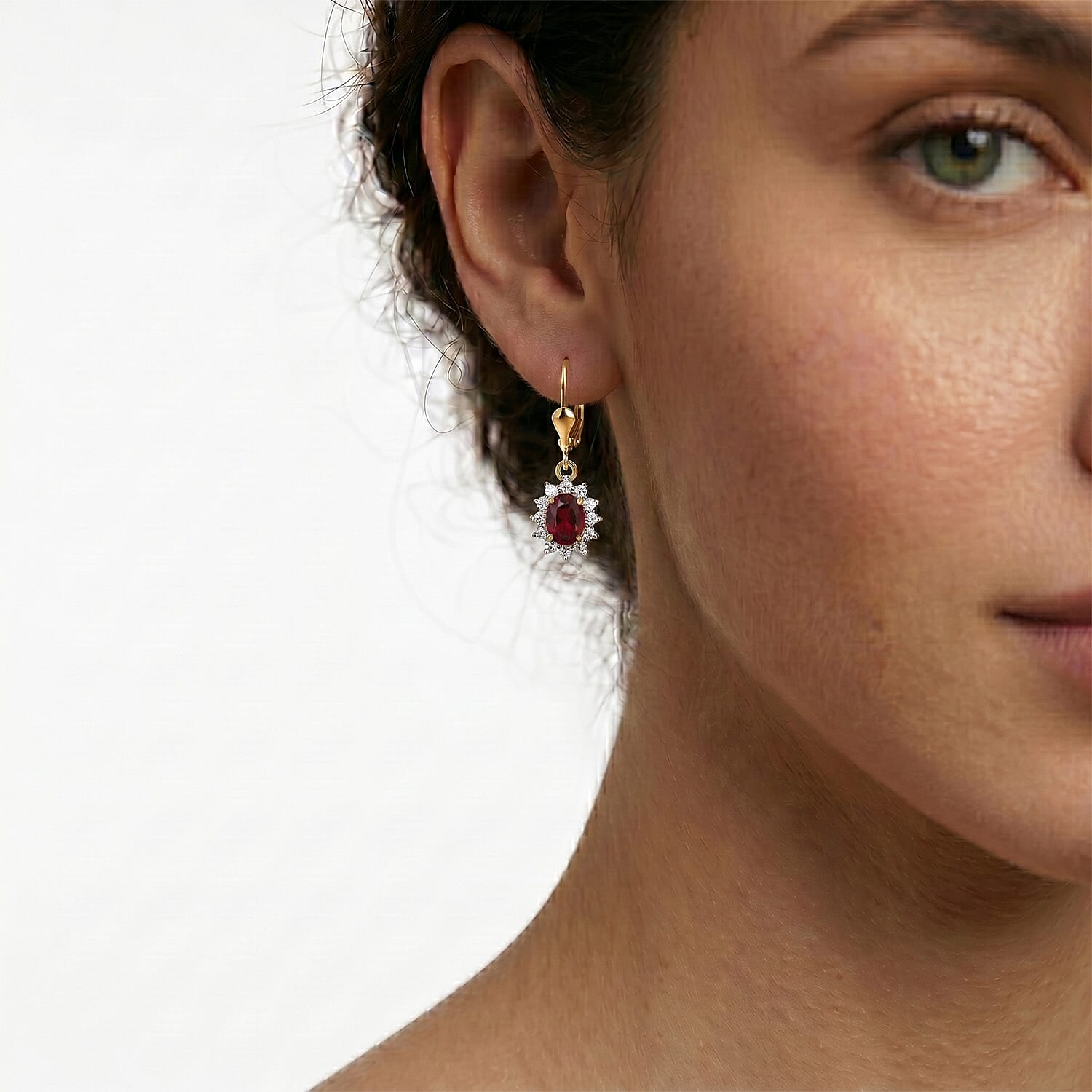 Royal Bali Collection - D'Joy Red Garnet & White Zircon Earring with Lever Back in 18K Vermeil Yellow Gold Plated Sterling Silver 1.77 Ct.