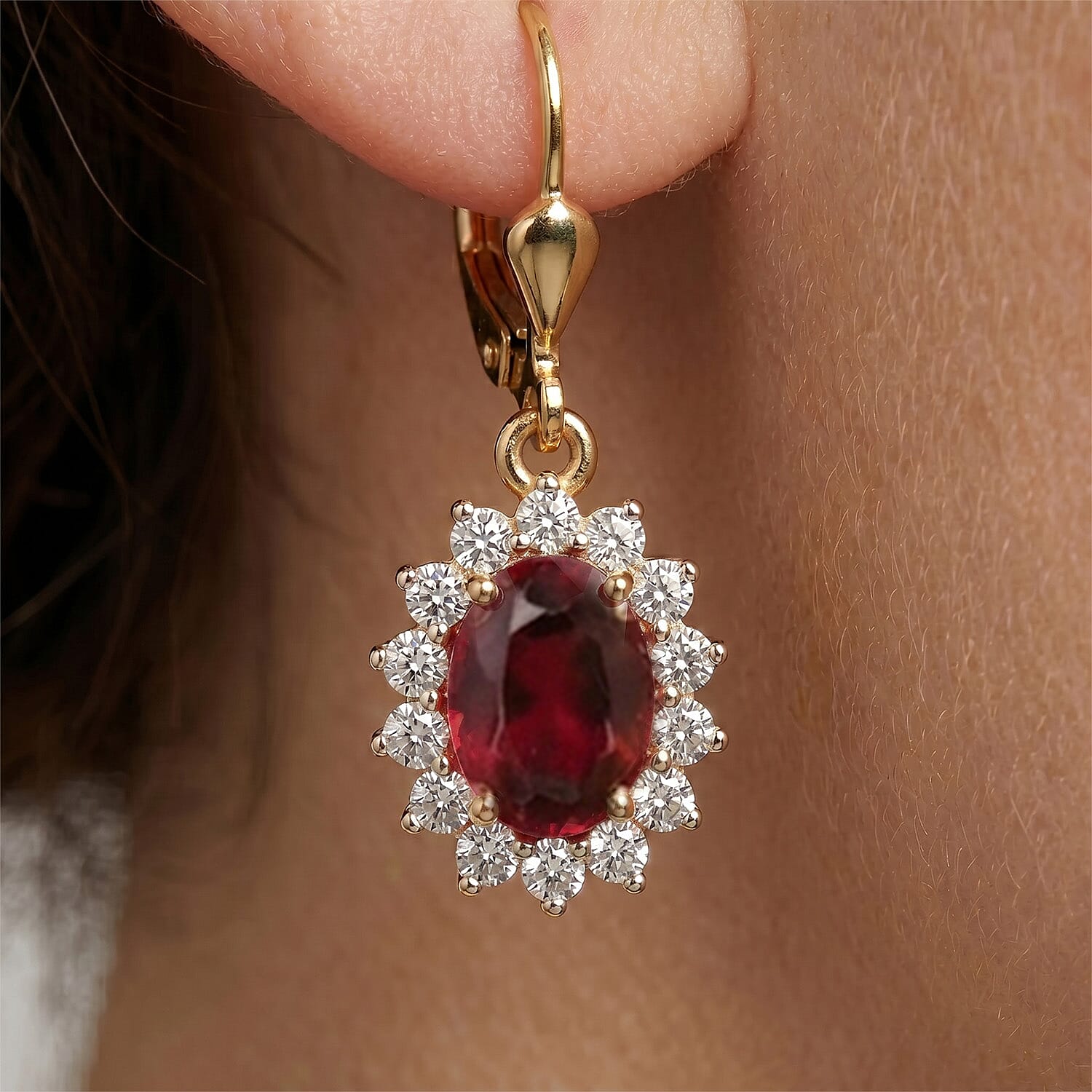 Royal Bali Collection - D'Joy Red Garnet & White Zircon Earring with Lever Back in 18K Vermeil Yellow Gold Plated Sterling Silver 1.77 Ct.