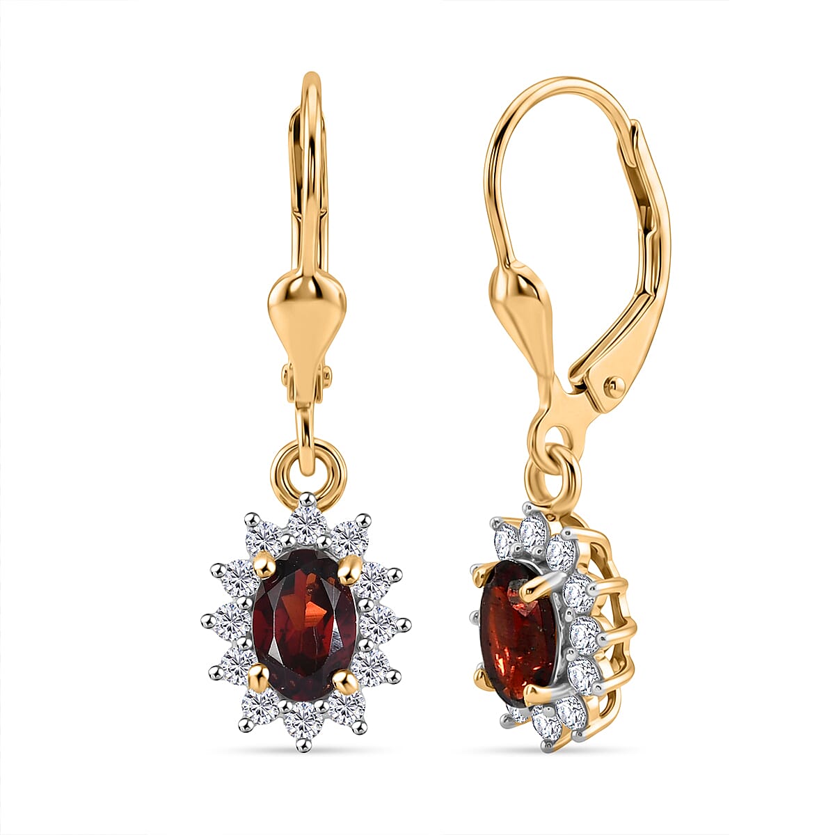 Royal Bali Collection - D'Joy Red Garnet & White Zircon Earring with Lever Back in 18K Vermeil Yellow Gold Plated Sterling Silver 1.77 Ct.