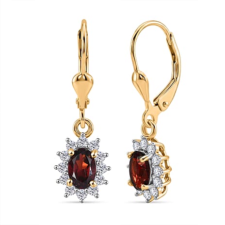 Royal Bali Collection - D'Joy Red Garnet & White Zircon Earring with Lever Back in 18K Vermeil Yellow Gold Plated Sterling Silver 1.77 Ct.