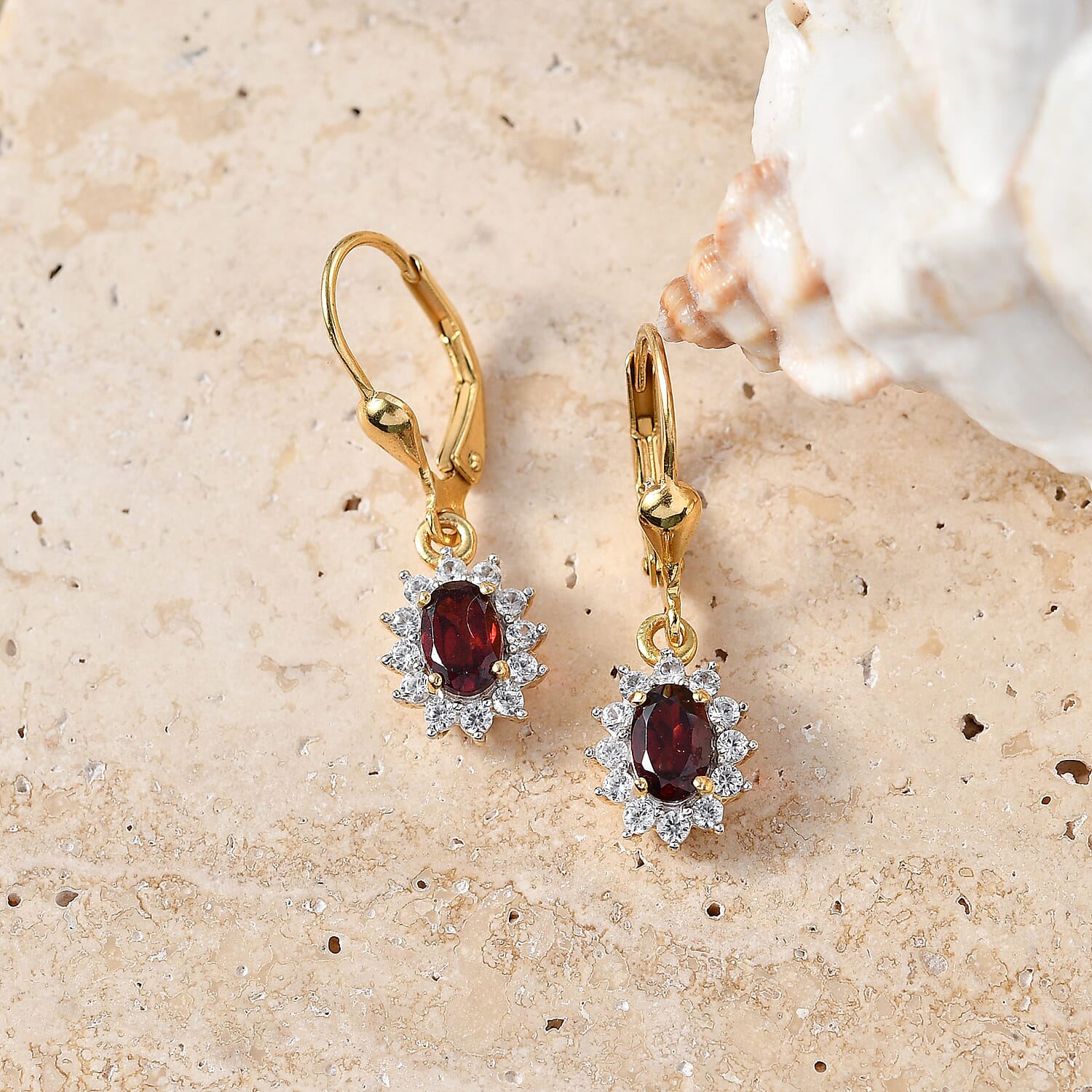 Royal Bali Collection - D'Joy Red Garnet & White Zircon Earring with Lever Back in 18K Vermeil Yellow Gold Plated Sterling Silver 1.77 Ct.