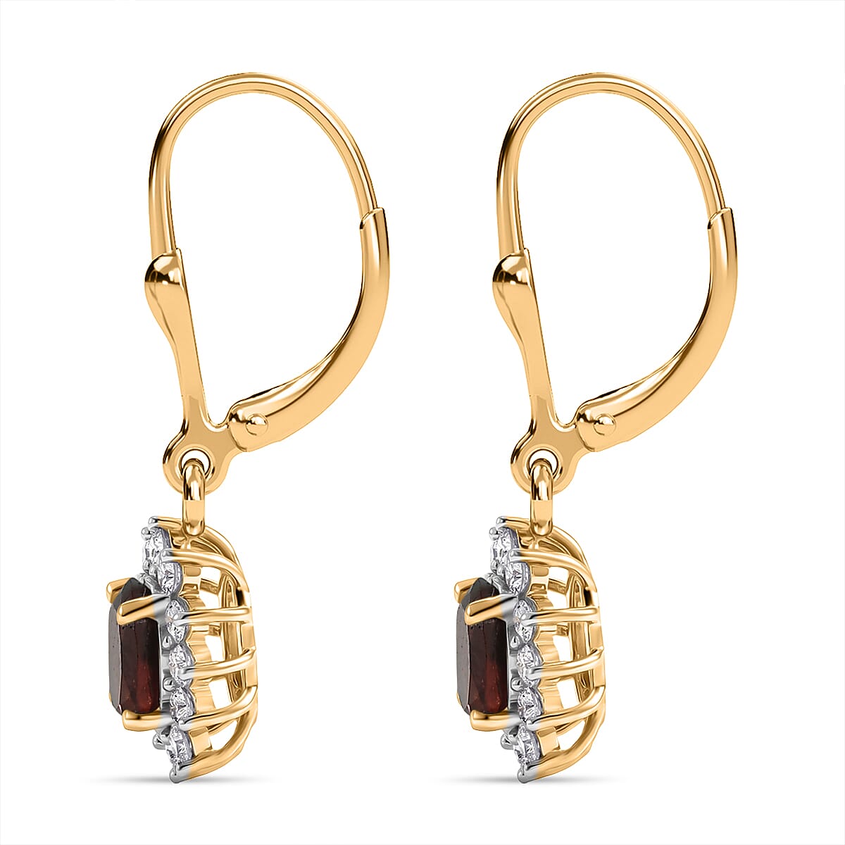 Royal Bali Collection - D'Joy Red Garnet & White Zircon Earring with Lever Back in 18K Vermeil Yellow Gold Plated Sterling Silver 1.77 Ct.