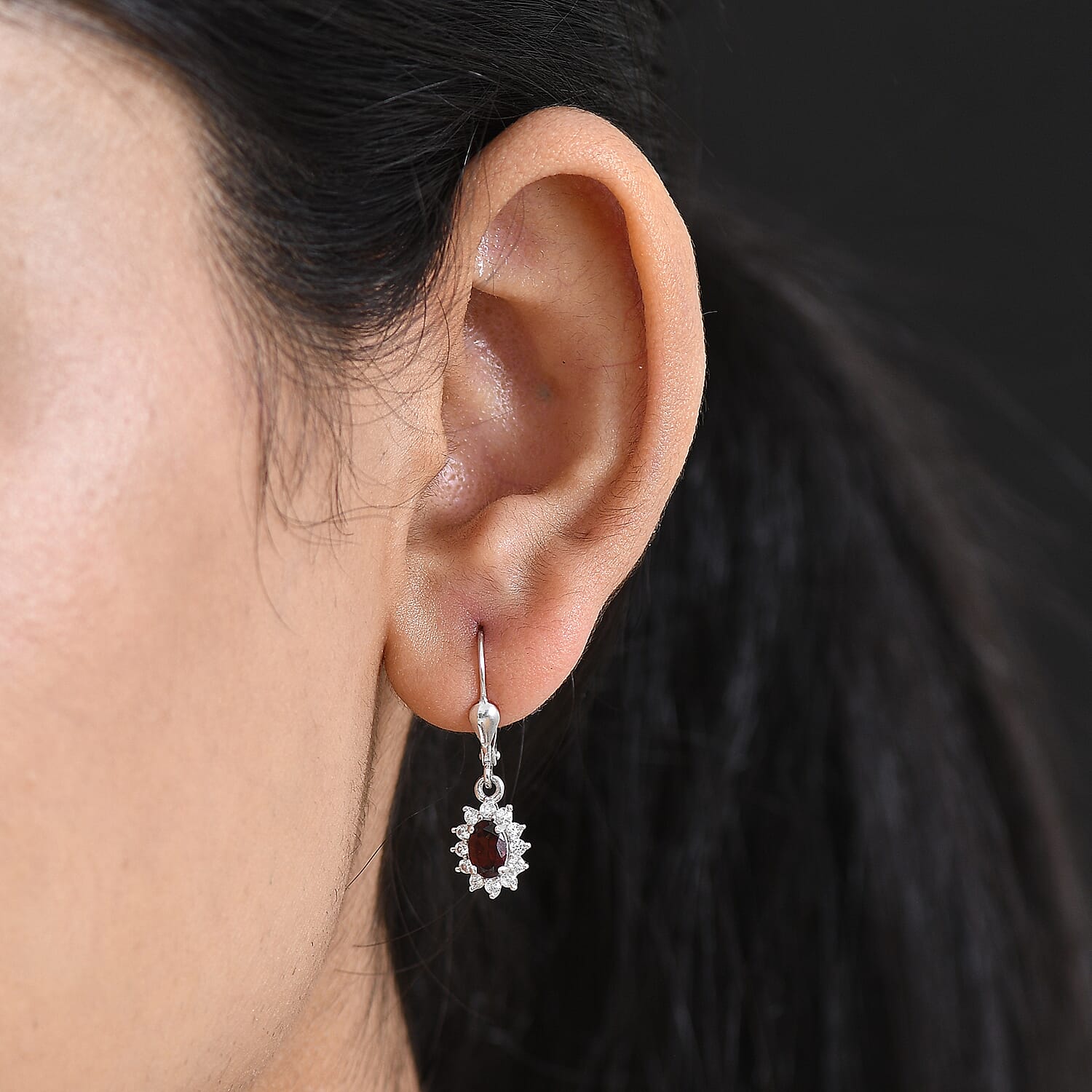 Royal Bali Collection - D'Joy Red Garnet & White Zircon Earring with Lever Back in Rhodium Overlay Sterling Silver 1.77 Ct.