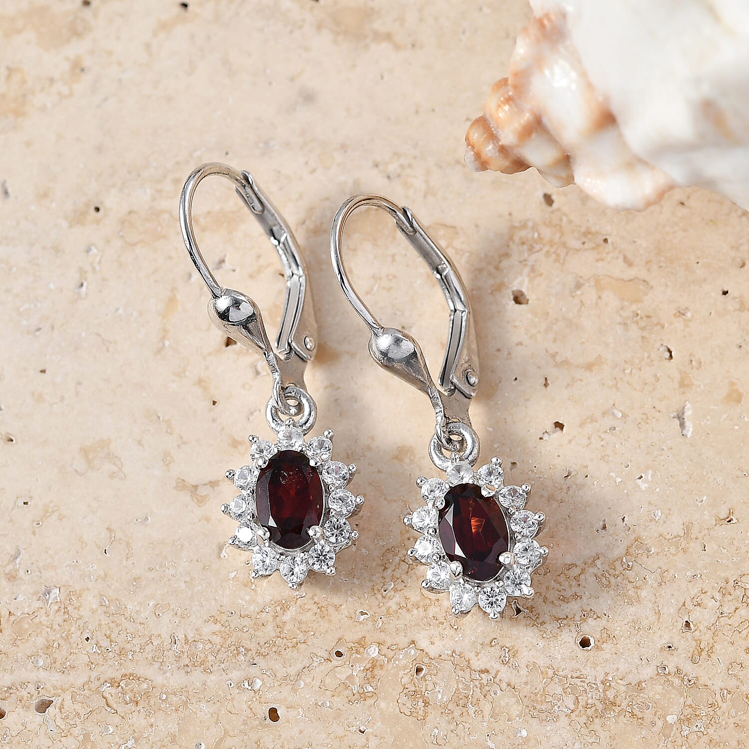 Royal Bali Collection - D'Joy Red Garnet & White Zircon Earring with Lever Back in Rhodium Overlay Sterling Silver 1.77 Ct.