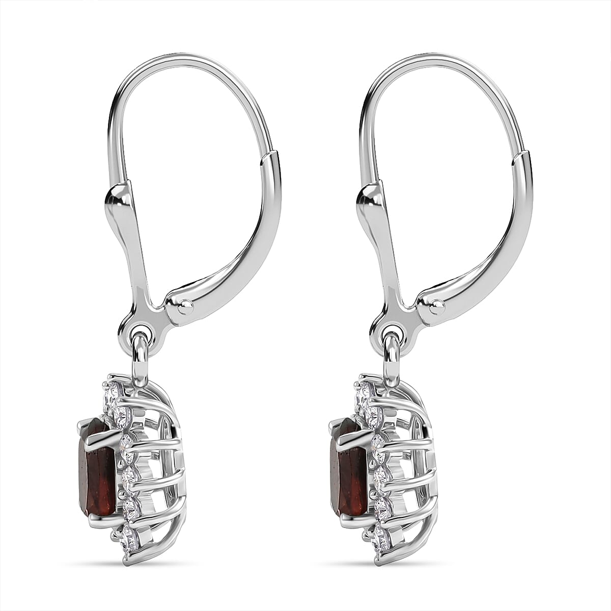 Royal Bali Collection - D'Joy Red Garnet & White Zircon Earring with Lever Back in Rhodium Overlay Sterling Silver 1.77 Ct.