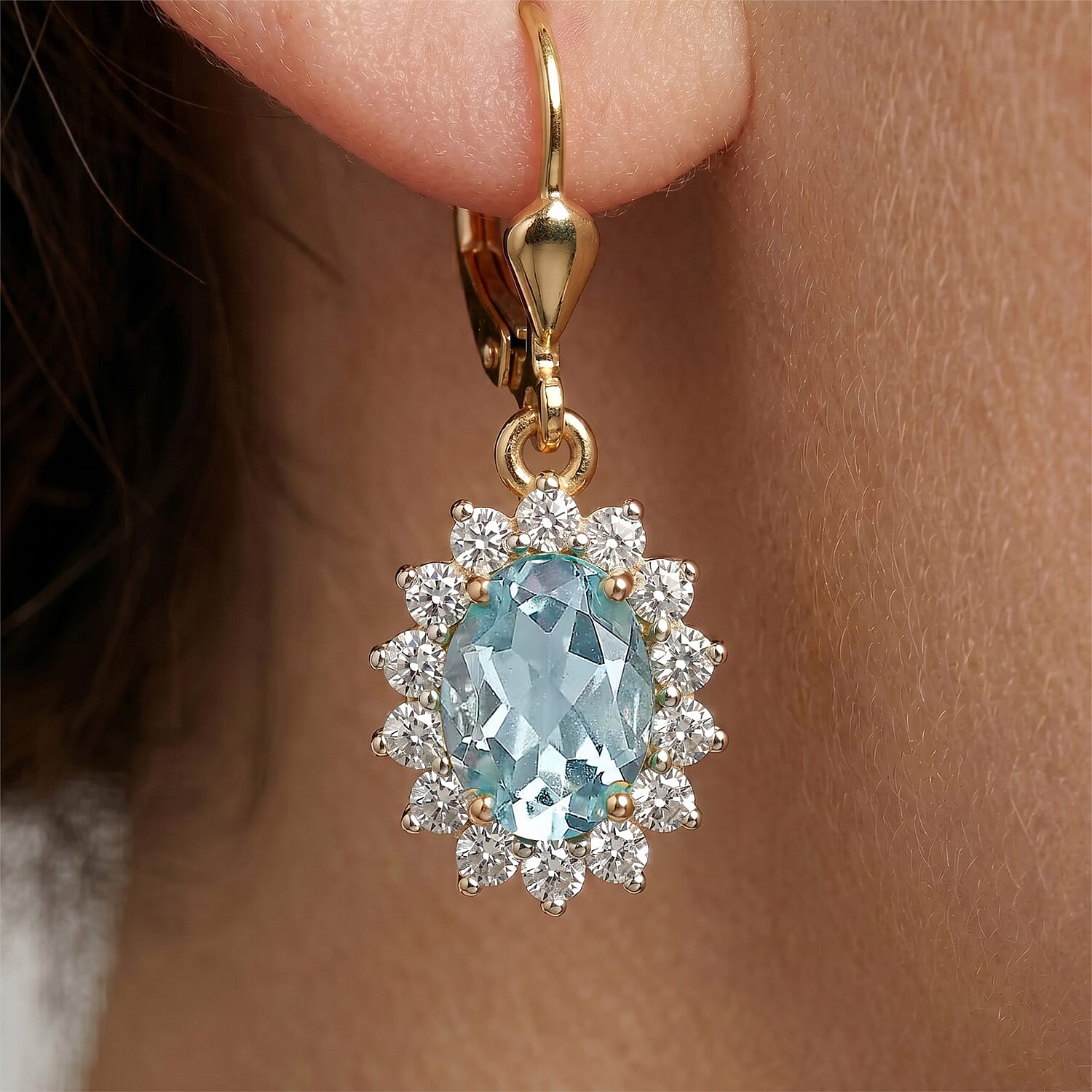 Royal Bali Collection - D'Joy Aquamarine & White Zircon Earring with Lever Back in 18K Vermeil Yellow Gold Plated Sterling Silver 1.42 Ct.