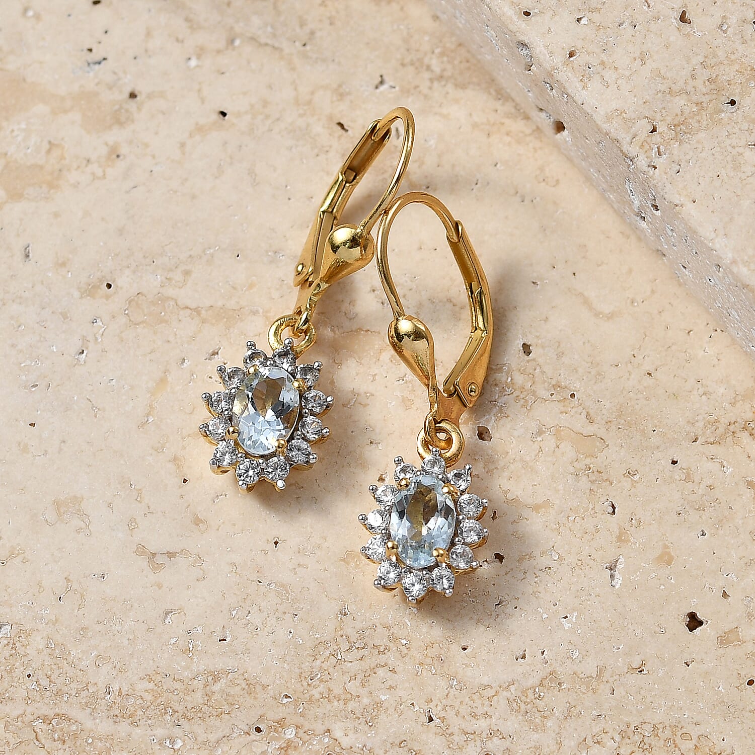 Royal Bali Collection - D'Joy Aquamarine & White Zircon Earring with Lever Back in 18K Vermeil Yellow Gold Plated Sterling Silver 1.42 Ct.