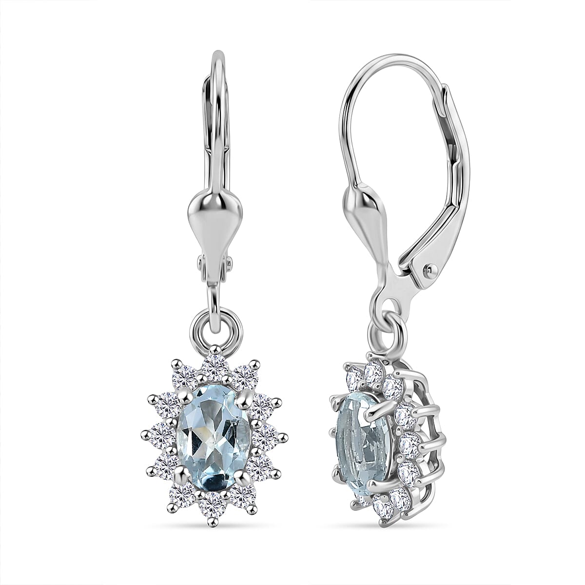 Royal Bali Collection - D'Joy Aquamarine & White Zircon Earring with Lever Back in Rhodium Overlay Sterling Silver 1.42 Ct.