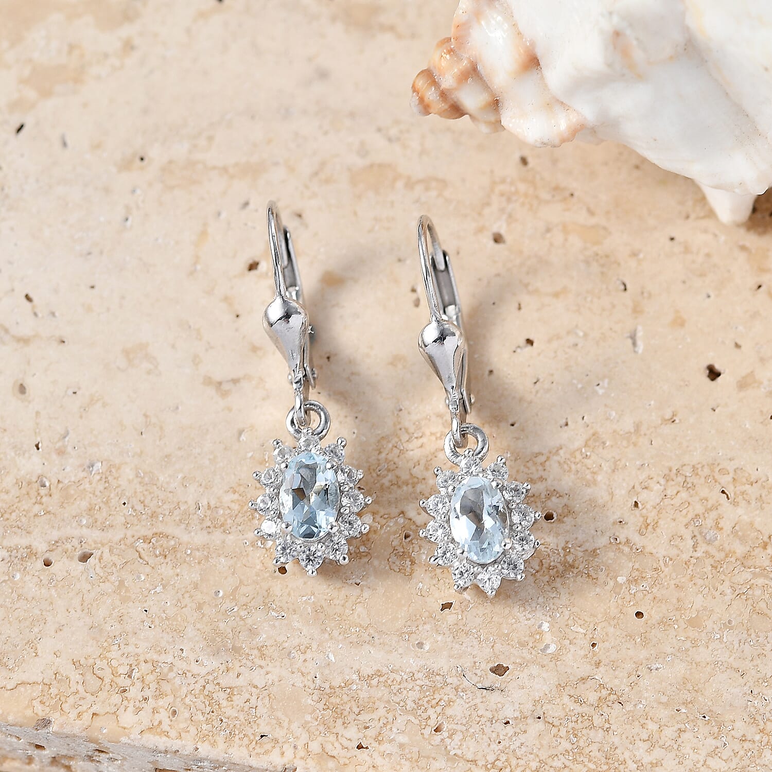 Royal Bali Collection - D'Joy Aquamarine & White Zircon Earring with Lever Back in Rhodium Overlay Sterling Silver 1.42 Ct.