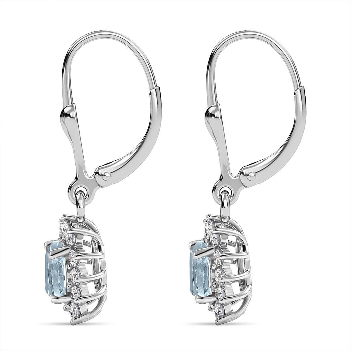 Royal Bali Collection - D'Joy Aquamarine & White Zircon Earring with Lever Back in Rhodium Overlay Sterling Silver 1.42 Ct.