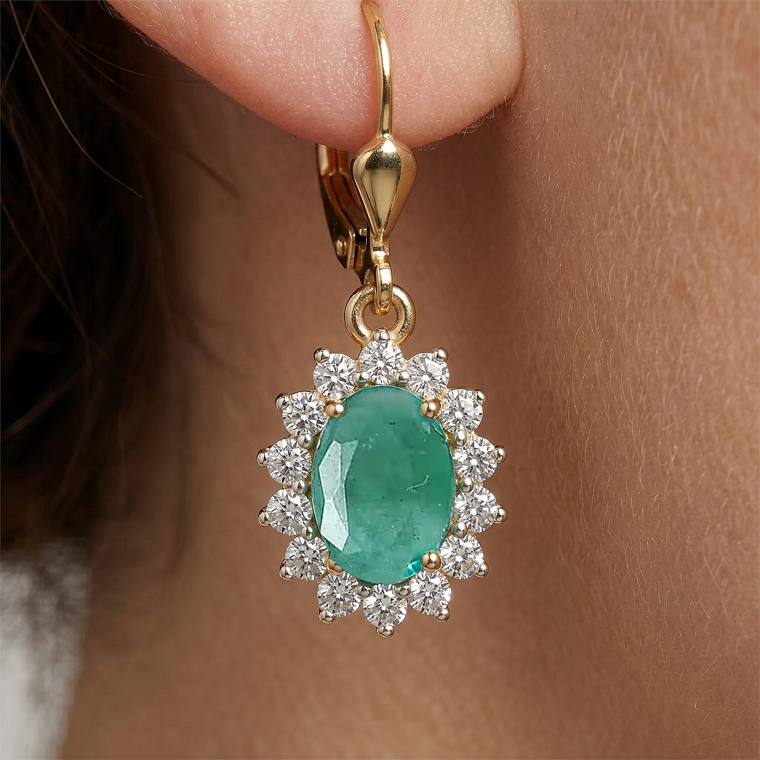 Royal Bali Collection - D'Joy Socoto Emerald & White Zircon Earring with Lever Back in 18K Vermeil Yellow Gold Plated Sterling Silver 1.50 Ct.