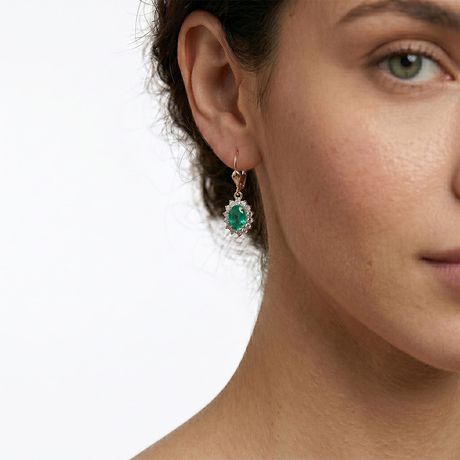 Royal Bali Collection - D'Joy Socoto Emerald & White Zircon Earring with Lever Back in 18K Vermeil Yellow Gold Plated Sterling Silver 1.50 Ct.