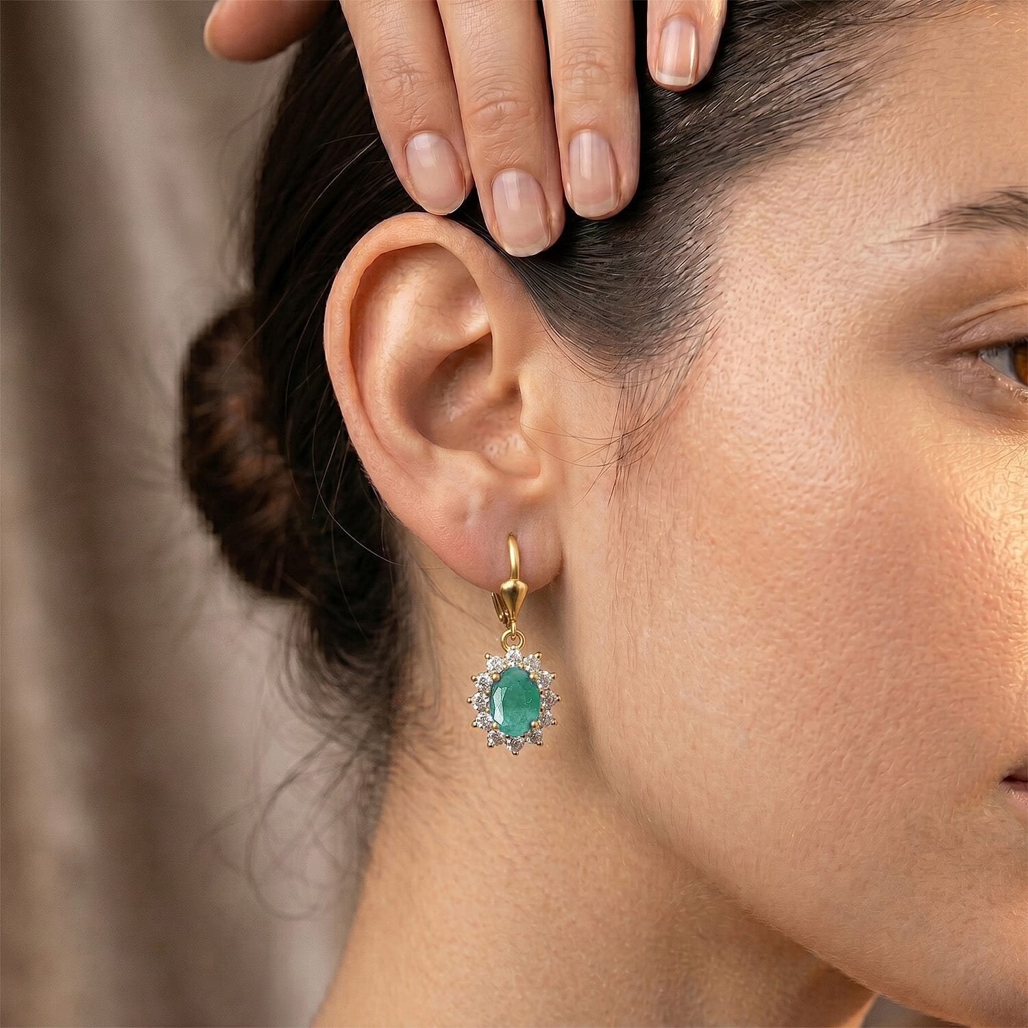 Royal Bali Collection - D'Joy Socoto Emerald & White Zircon Earring with Lever Back in 18K Vermeil Yellow Gold Plated Sterling Silver 1.50 Ct.