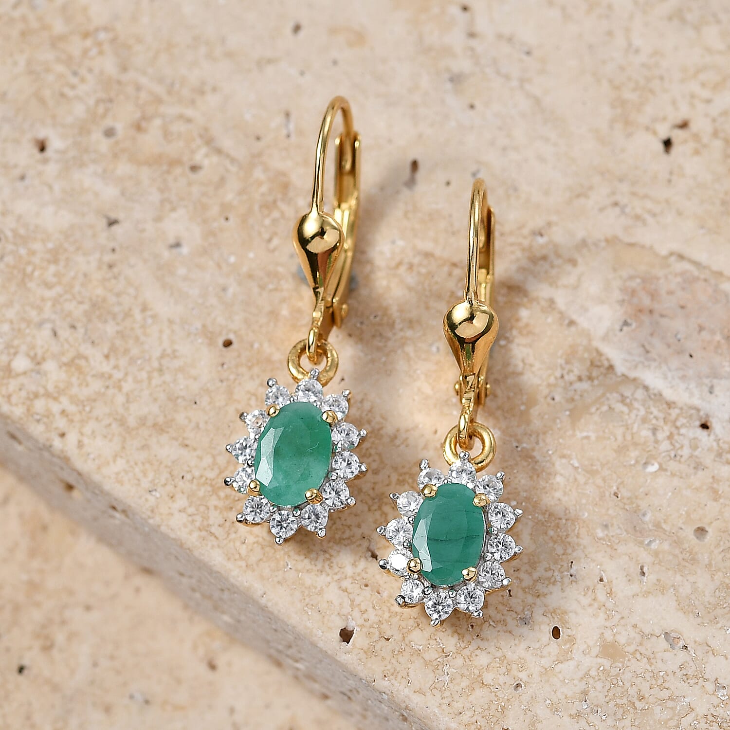 Royal Bali Collection - D'Joy Socoto Emerald & White Zircon Earring with Lever Back in 18K Vermeil Yellow Gold Plated Sterling Silver 1.50 Ct.