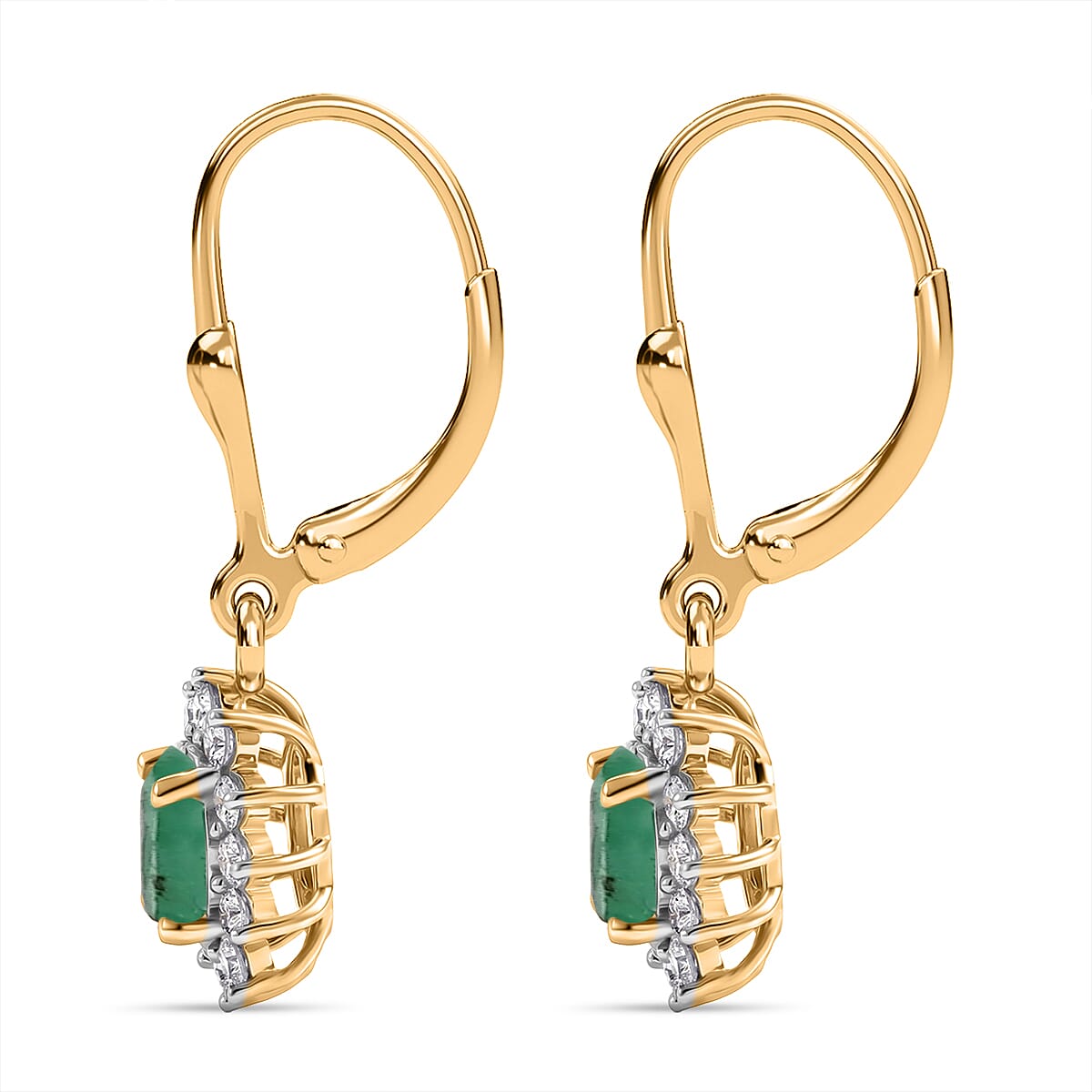 Royal Bali Collection - D'Joy Socoto Emerald & White Zircon Earring with Lever Back in 18K Vermeil Yellow Gold Plated Sterling Silver 1.50 Ct.