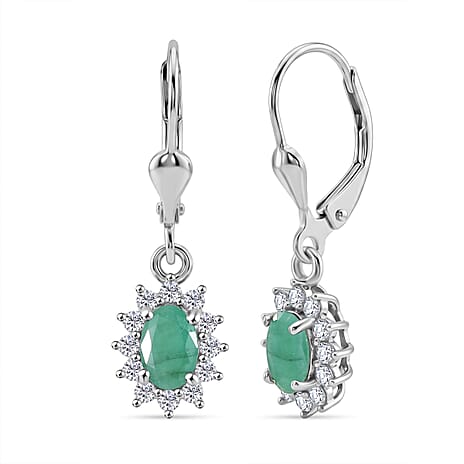 Royal Bali Collection - D'Joy Socoto Emerald & White Zircon Earring with Lever Back in Rhodium Overlay Sterling Silver 1.50 Ct.