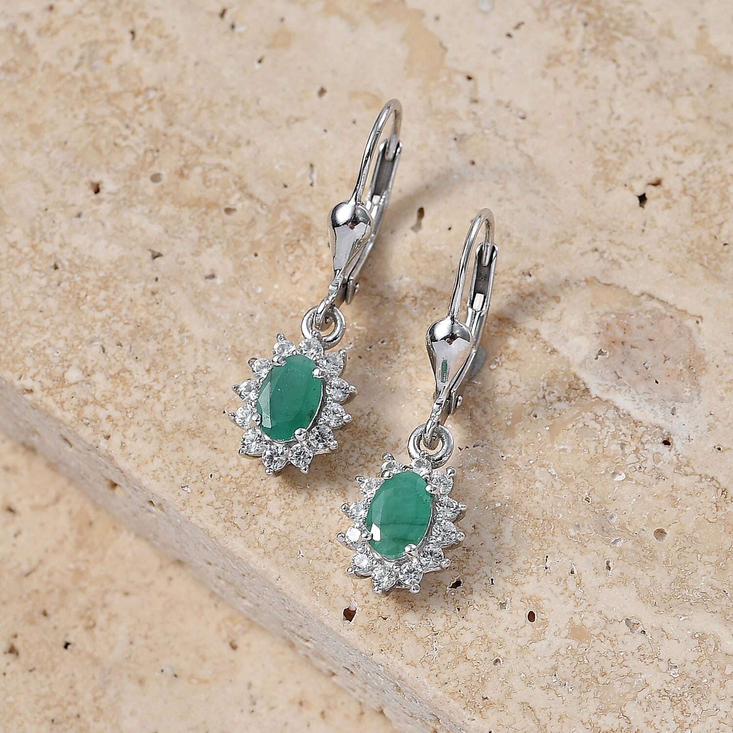 Royal Bali Collection - D'Joy Socoto Emerald & White Zircon Earring with Lever Back in Rhodium Overlay Sterling Silver 1.50 Ct.
