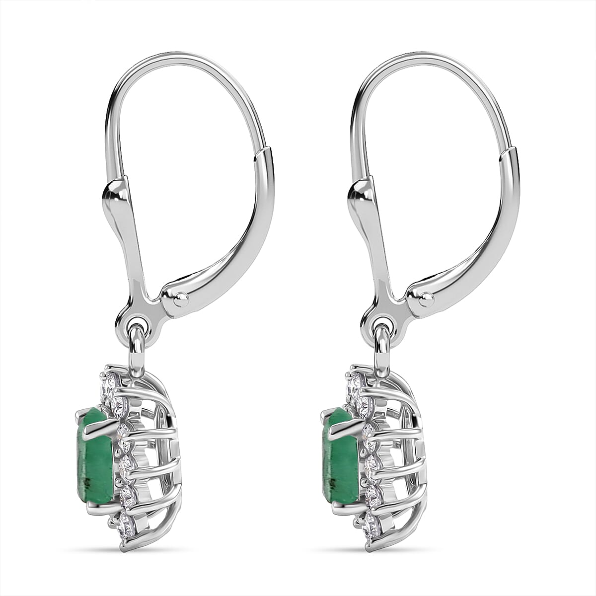 Royal Bali Collection - D'Joy Socoto Emerald & White Zircon Earring with Lever Back in Rhodium Overlay Sterling Silver 1.50 Ct.