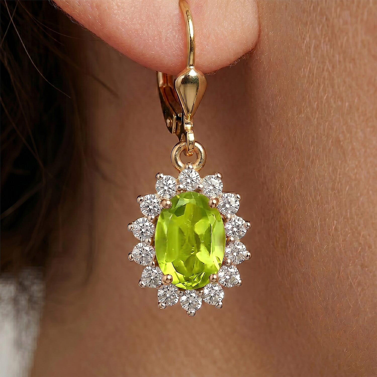 Royal Bali Collection - D'Joy Peridot & White Zircon Earring with Lever Back in 18K Vermeil Yellow Gold Plated Sterling Silver 1.64 Ct.