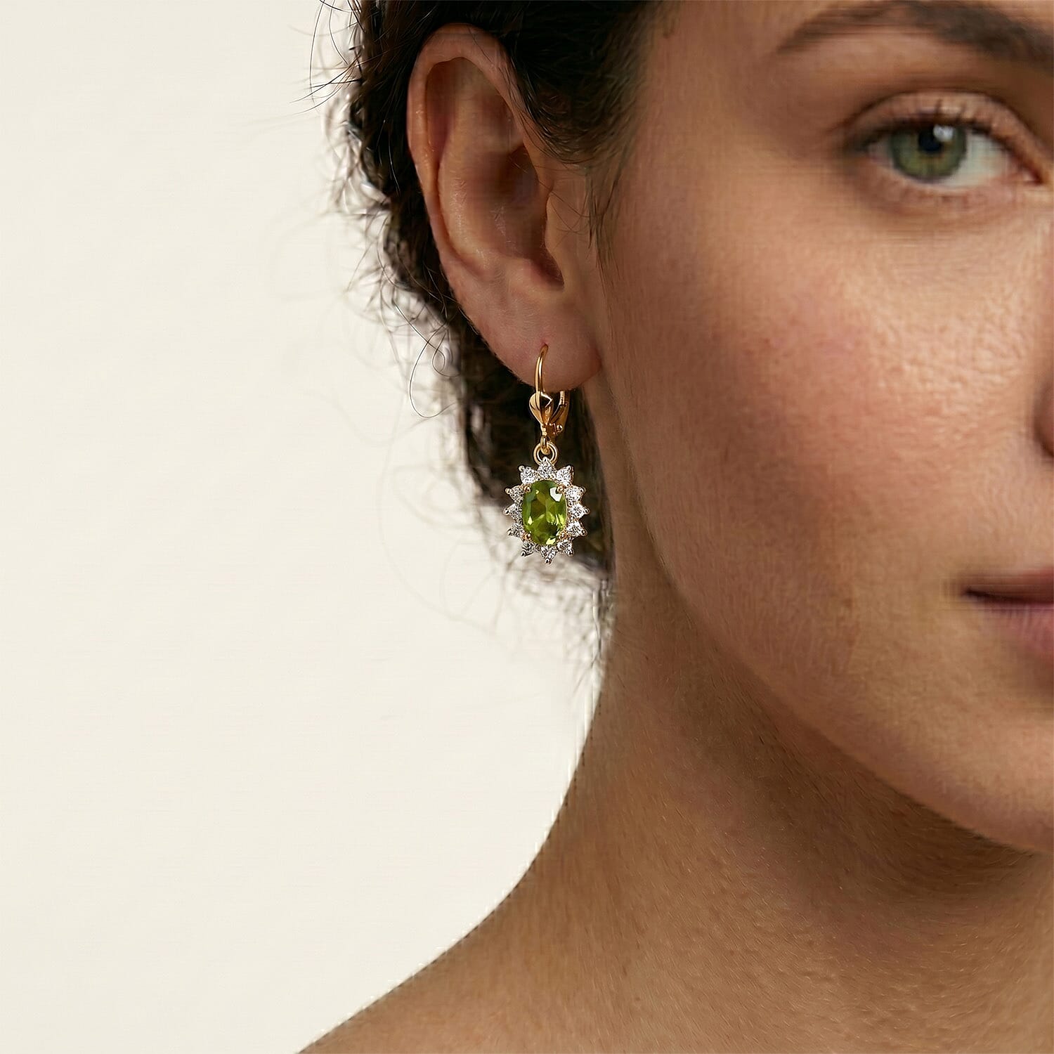 Royal Bali Collection - D'Joy Peridot & White Zircon Earring with Lever Back in 18K Vermeil Yellow Gold Plated Sterling Silver 1.64 Ct.