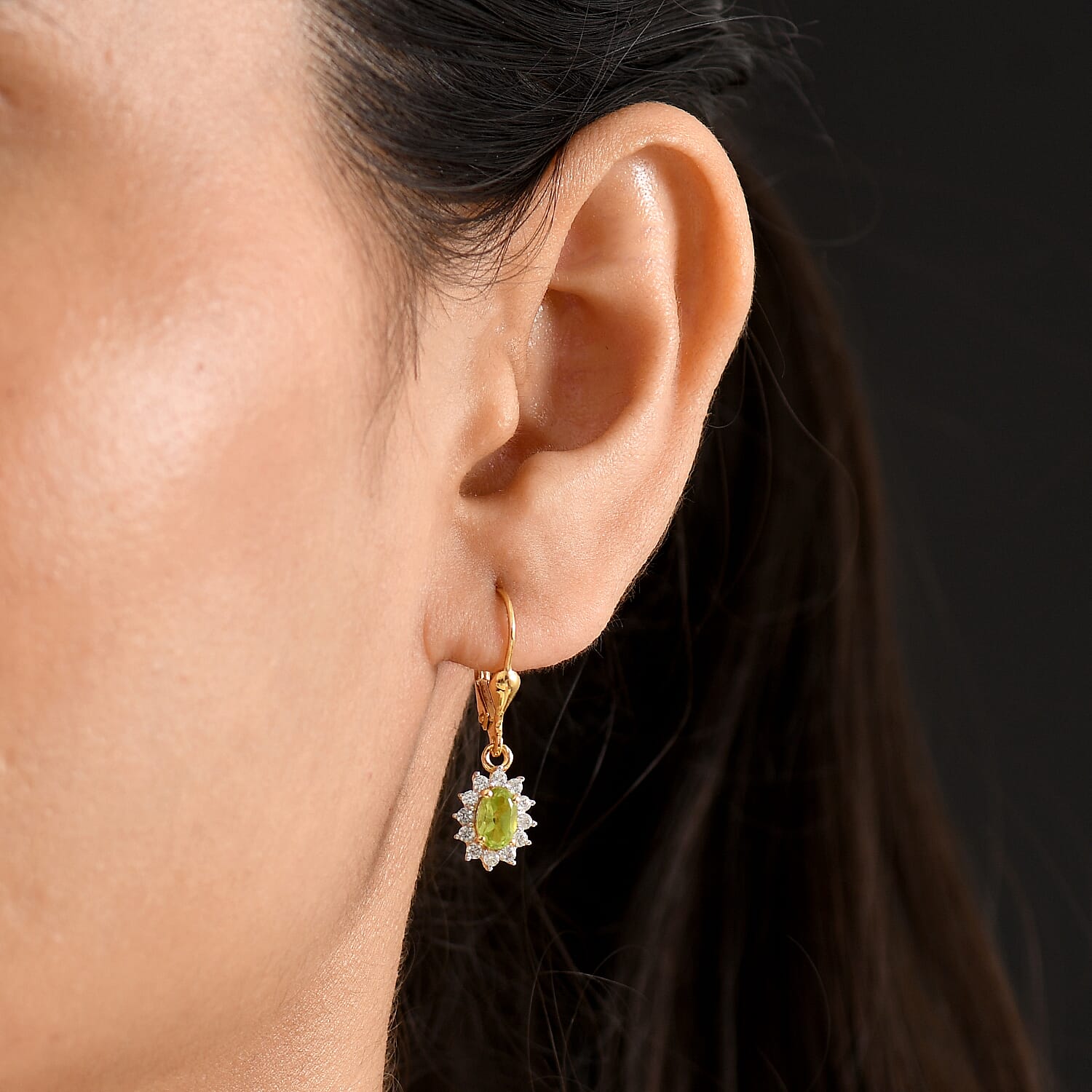 Royal Bali Collection - D'Joy Peridot & White Zircon Earring with Lever Back in 18K Vermeil Yellow Gold Plated Sterling Silver 1.64 Ct.