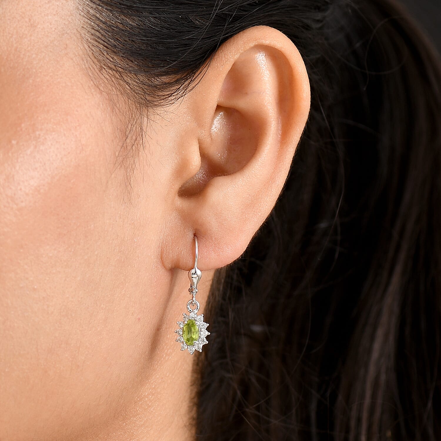 Royal Bali Collection - D'Joy Peridot & White Zircon Earring with Lever Back in Rhodium Overlay Sterling Silver 1.64 Ct.