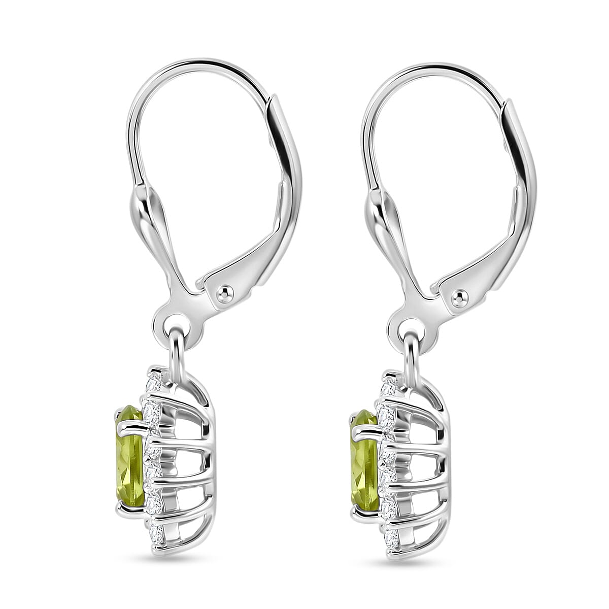 Royal Bali Collection - D'Joy Peridot & White Zircon Earring with Lever Back in Rhodium Overlay Sterling Silver 1.64 Ct.