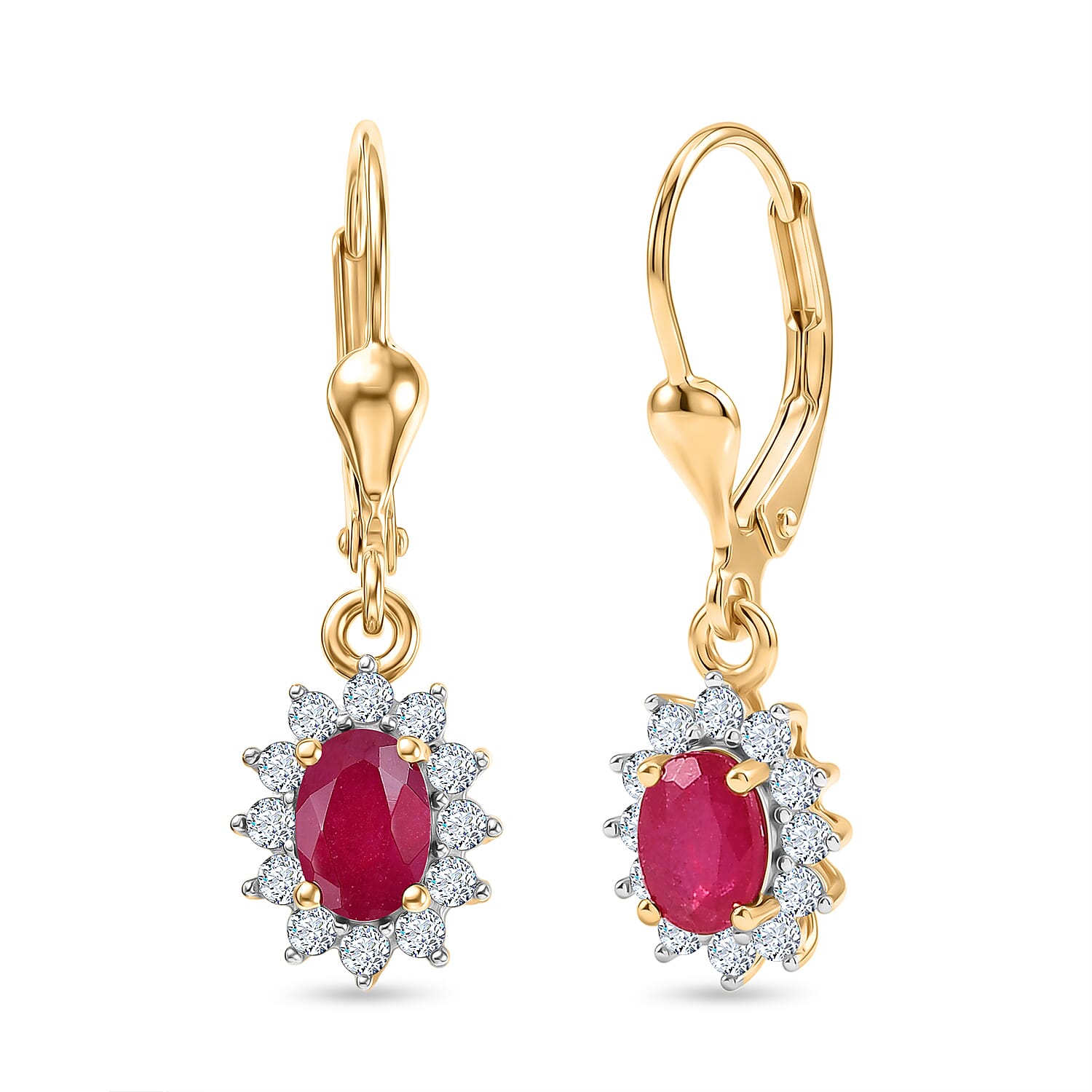 Royal Bali Collection - D'Joy African Ruby & White Zircon Halo Earring with Lever Back in 18K Vermeil Yellow Gold Plated Sterling Silver 2.00 Ct.