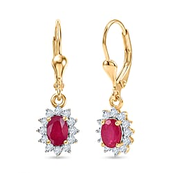 Royal Bali Collection - D'Joy African Ruby & White Zircon Halo Earring with Lever Back in 18K Vermeil Yellow Gold Plated Sterling Silver 2.00 Ct.