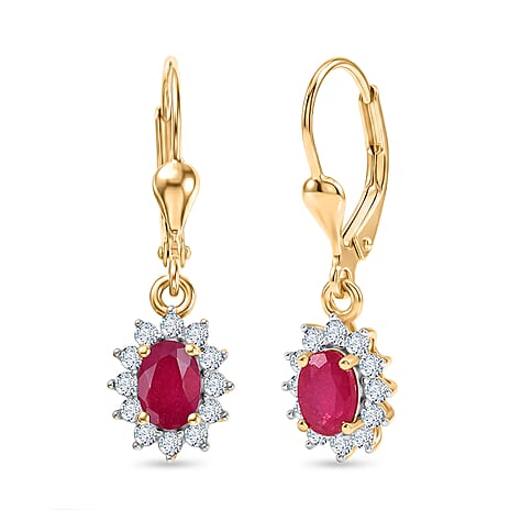 Royal Bali Collection - D'Joy African Ruby & White Zircon Halo Earring with Lever Back in 18K Vermeil Yellow Gold Plated Sterling Silver 2.00 Ct.
