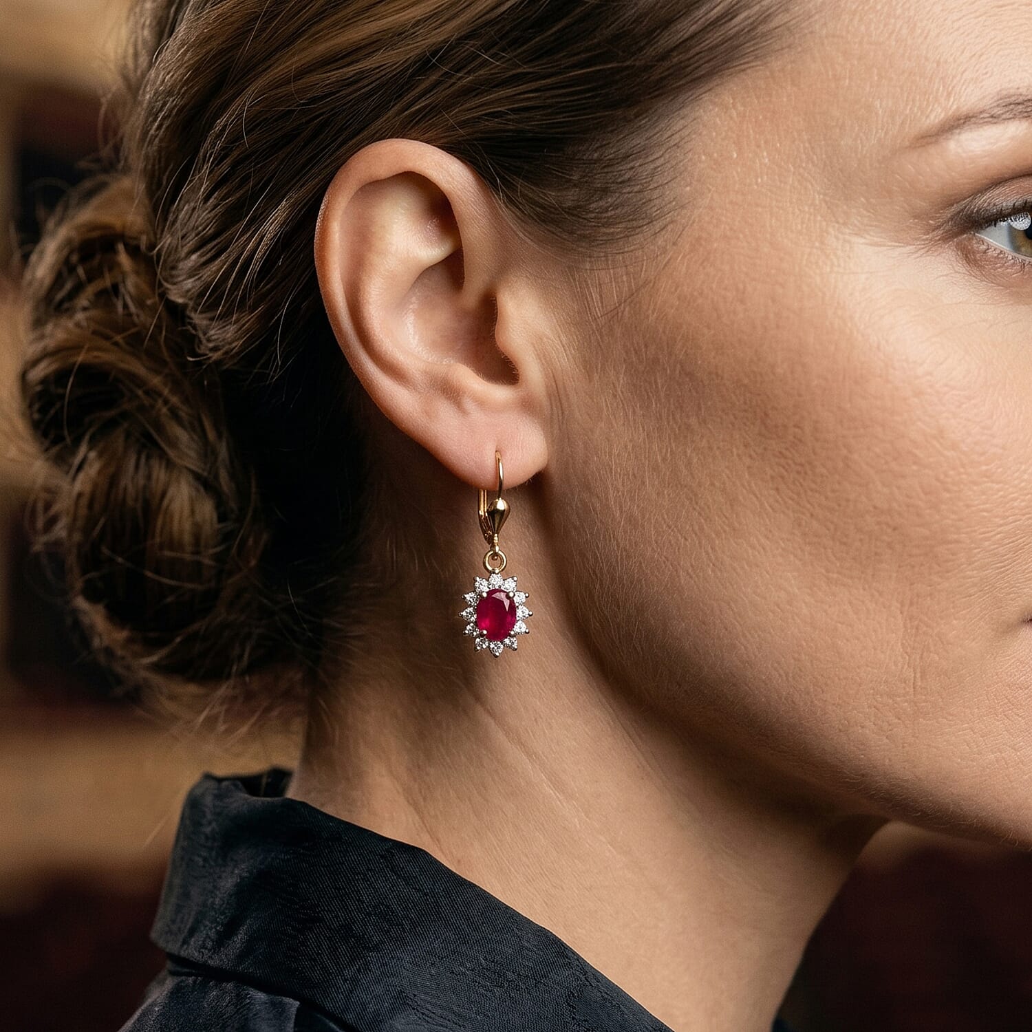 Royal Bali Collection - D'Joy African Ruby & White Zircon Halo Earring with Lever Back in 18K Vermeil Yellow Gold Plated Sterling Silver 2.00 Ct.
