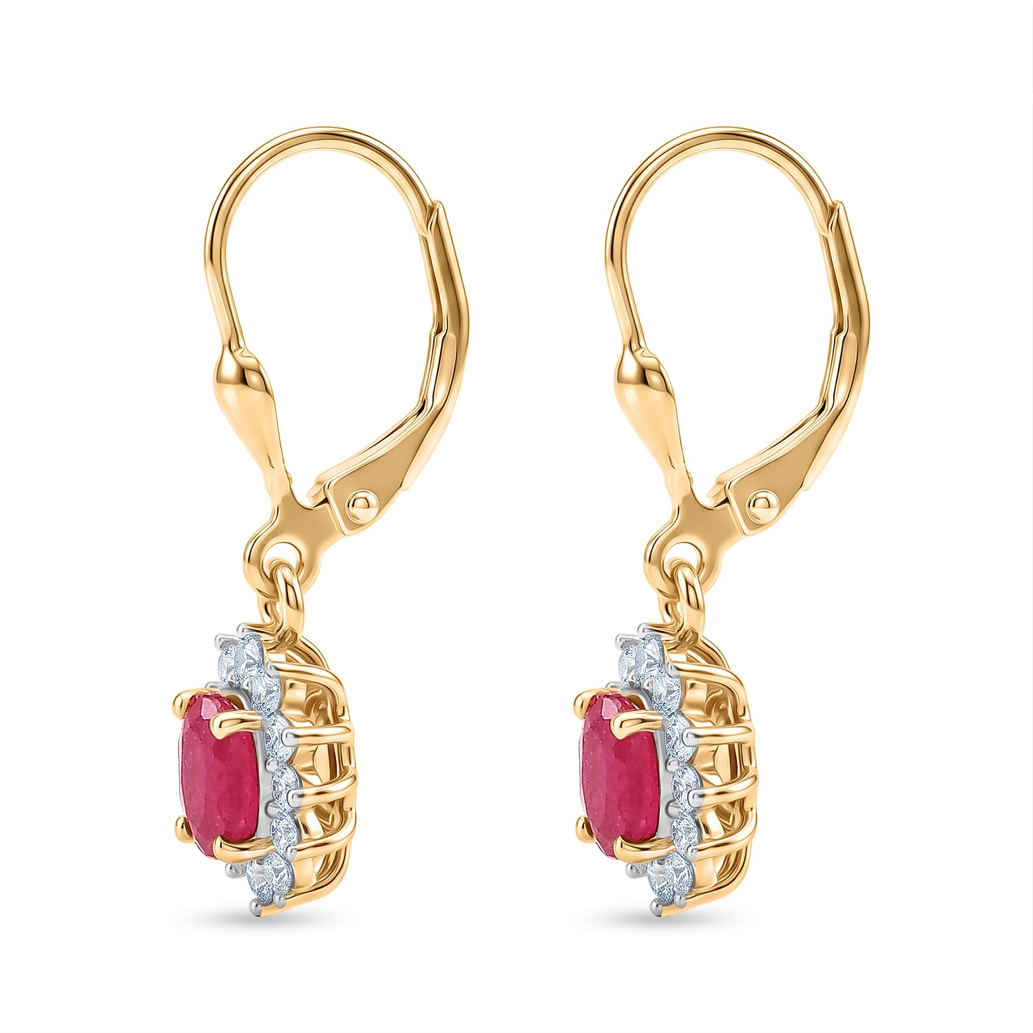 Royal Bali Collection - D'Joy African Ruby & White Zircon Halo Earring with Lever Back in 18K Vermeil Yellow Gold Plated Sterling Silver 2.00 Ct.