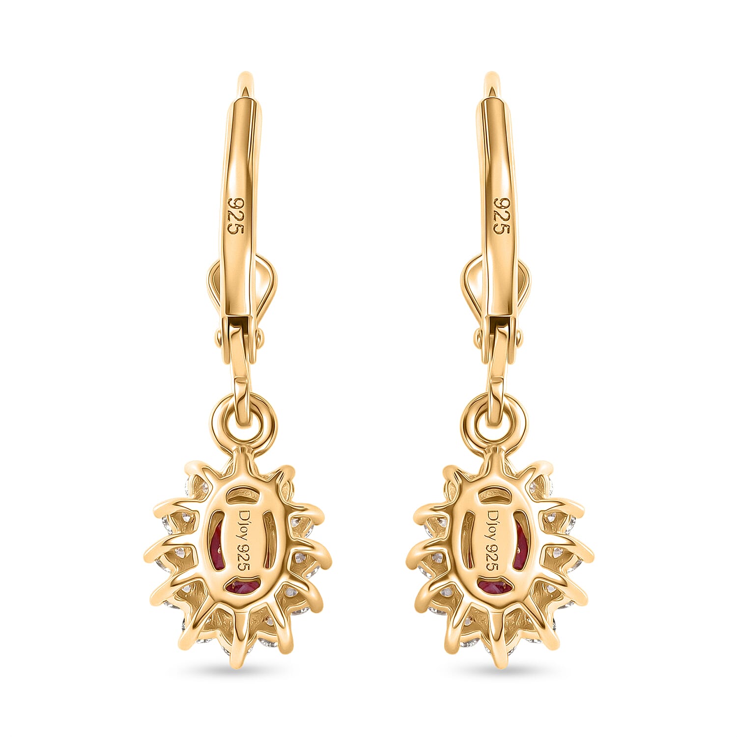 Royal Bali Collection - D'Joy African Ruby & White Zircon Halo Earring with Lever Back in 18K Vermeil Yellow Gold Plated Sterling Silver 2.00 Ct.