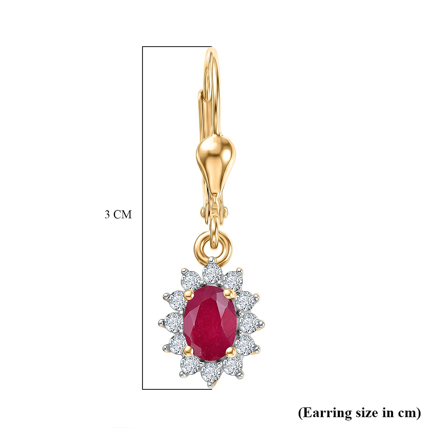 Royal Bali Collection - D'Joy African Ruby & White Zircon Halo Earring with Lever Back in 18K Vermeil Yellow Gold Plated Sterling Silver 2.00 Ct.