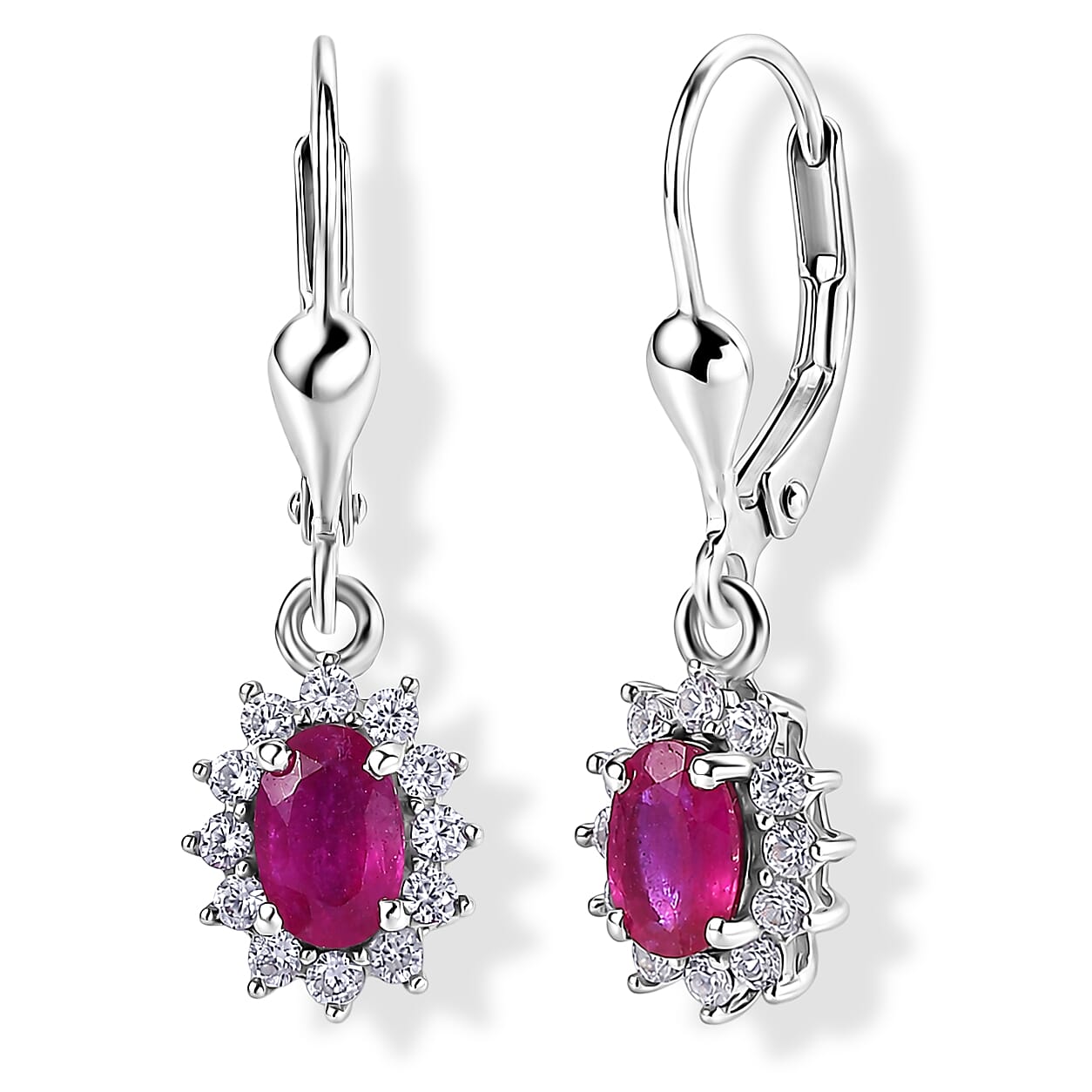 Royal Bali Collection - D'Joy African Ruby & White Zircon Halo Earring with Lever Back in Rhodium Overlay Sterling Silver 2.00 Ct.