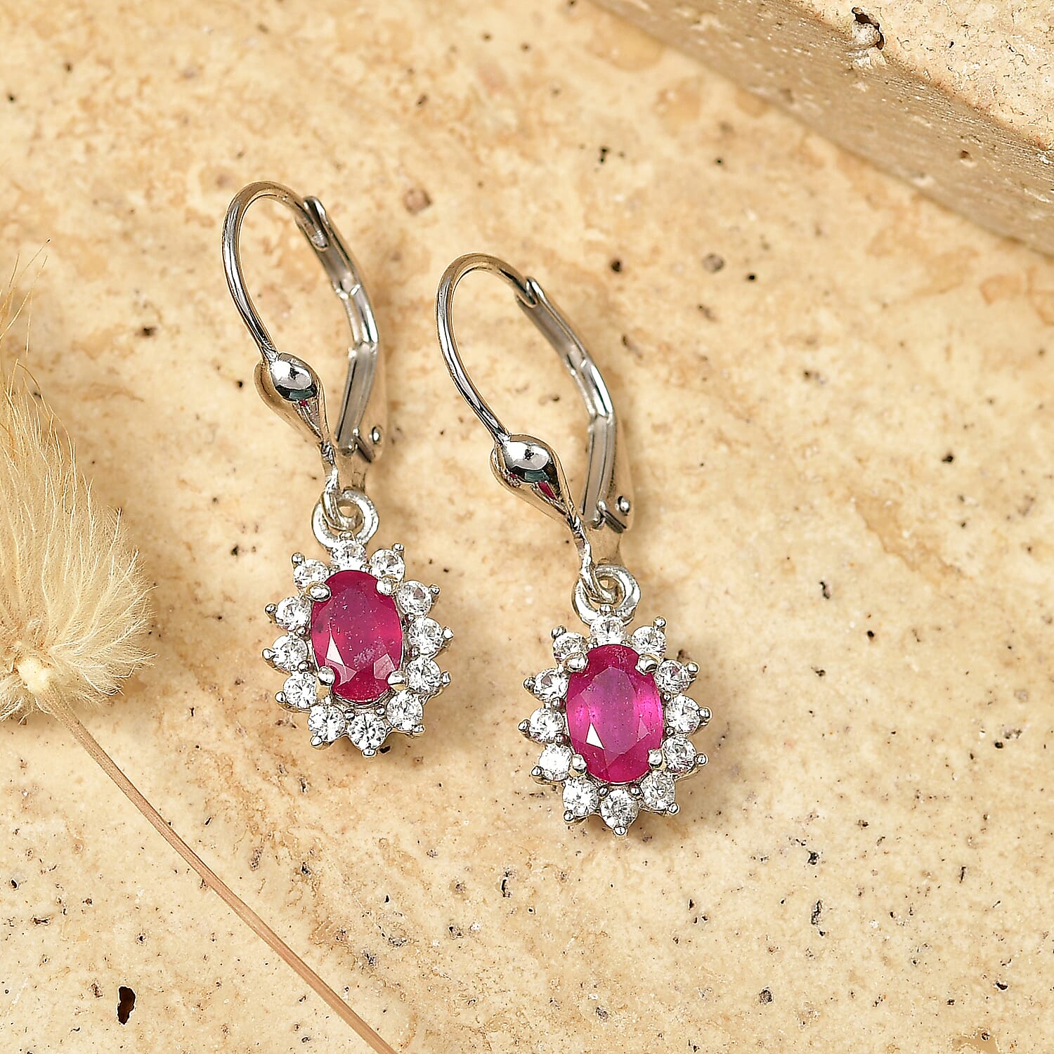 Royal Bali Collection - D'Joy African Ruby & White Zircon Halo Earring with Lever Back in Rhodium Overlay Sterling Silver 2.00 Ct.