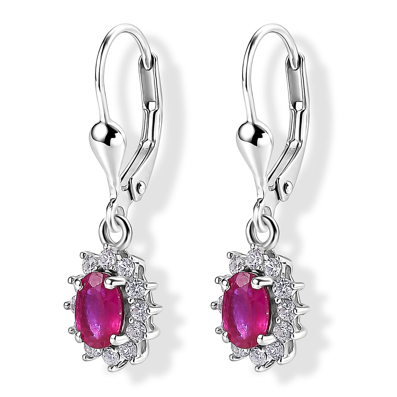 Royal Bali Collection - D'Joy African Ruby & White Zircon Halo Earring with Lever Back in Rhodium Overlay Sterling Silver 2.00 Ct.