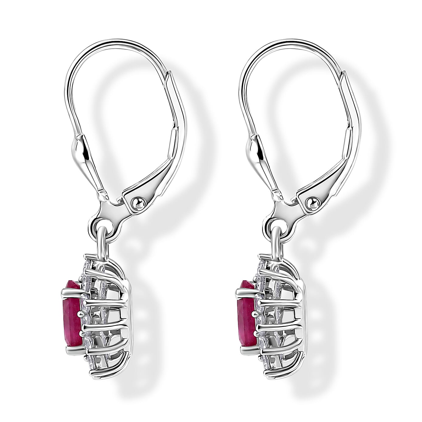Royal Bali Collection - D'Joy African Ruby & White Zircon Halo Earring with Lever Back in Rhodium Overlay Sterling Silver 2.00 Ct.