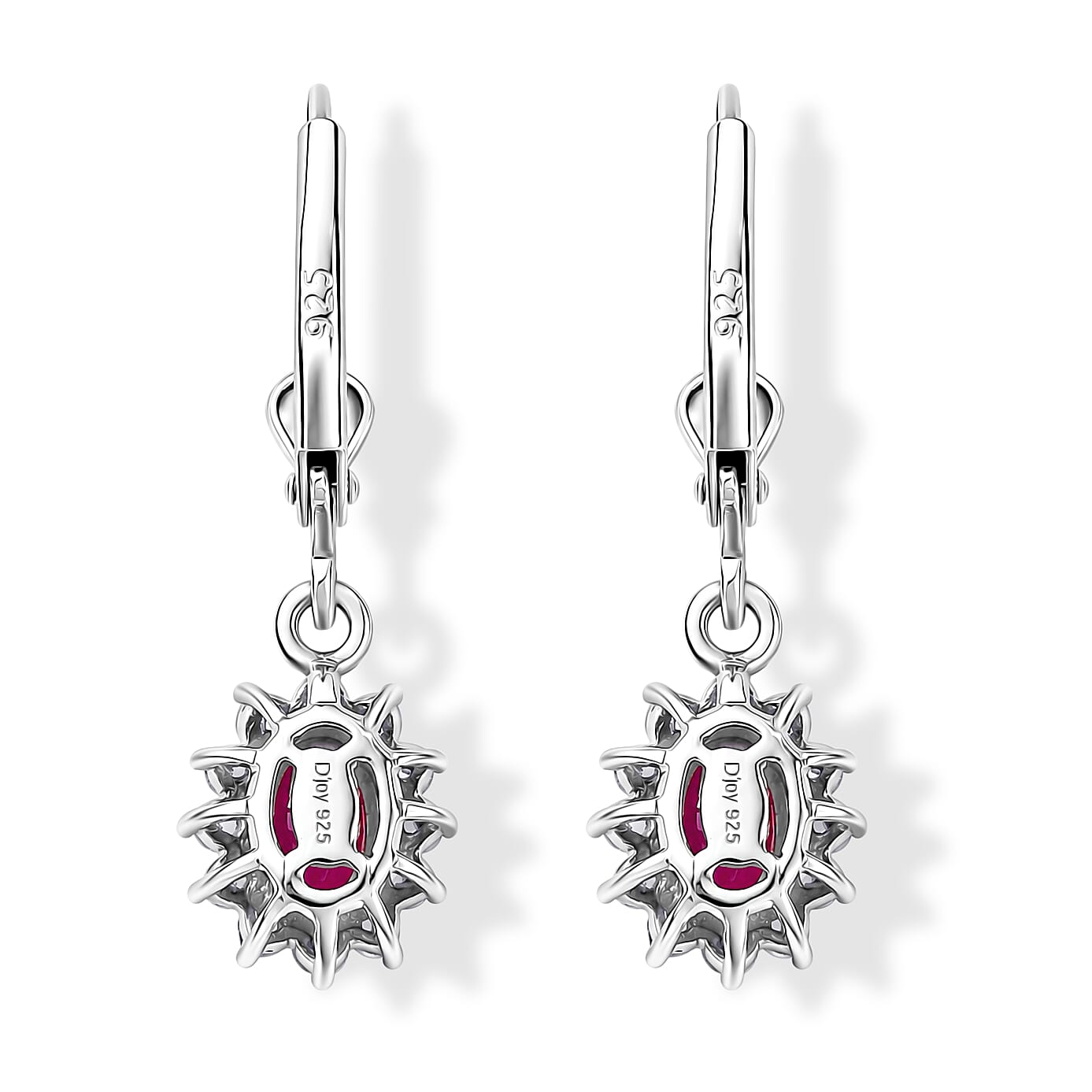 Royal Bali Collection - D'Joy African Ruby & White Zircon Halo Earring with Lever Back in Rhodium Overlay Sterling Silver 2.00 Ct.