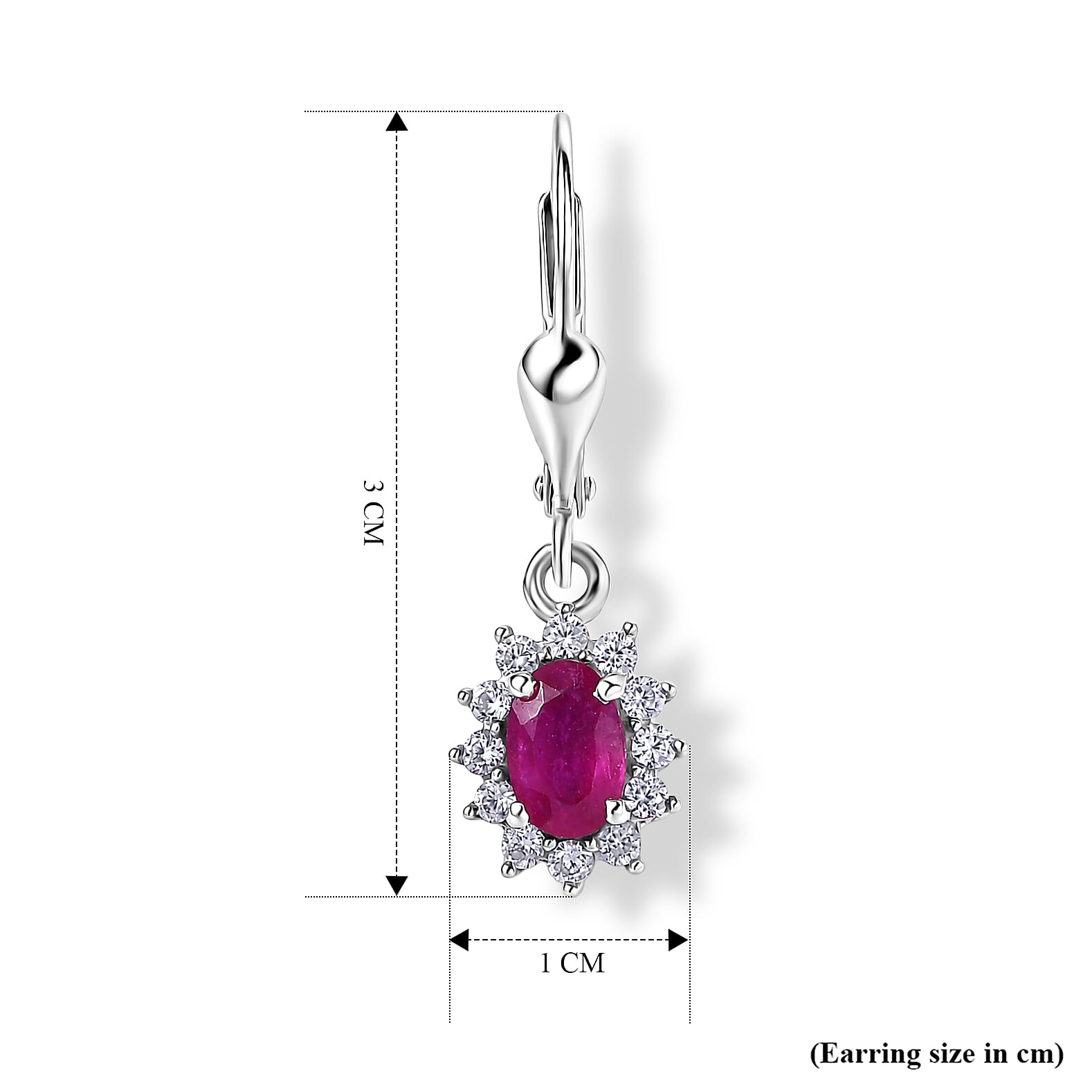 Royal Bali Collection - D'Joy African Ruby & White Zircon Halo Earring with Lever Back in Rhodium Overlay Sterling Silver 2.00 Ct.
