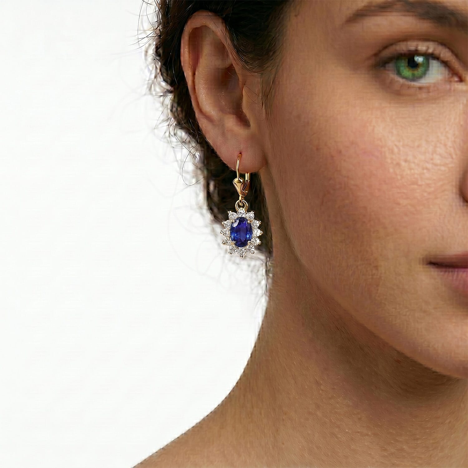 Royal Bali Collection - D'Joy Masoala Sapphire & White Zircon Earring with Lever Back in 18K Vermeil Yellow Gold Plated Sterling Silver 2.06 Ct.
