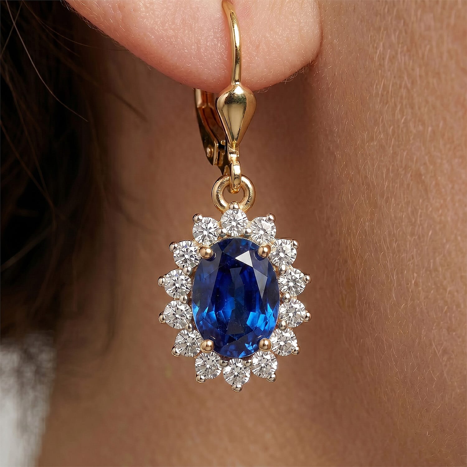 Royal Bali Collection - D'Joy Masoala Sapphire & White Zircon Earring with Lever Back in 18K Vermeil Yellow Gold Plated Sterling Silver 2.06 Ct.