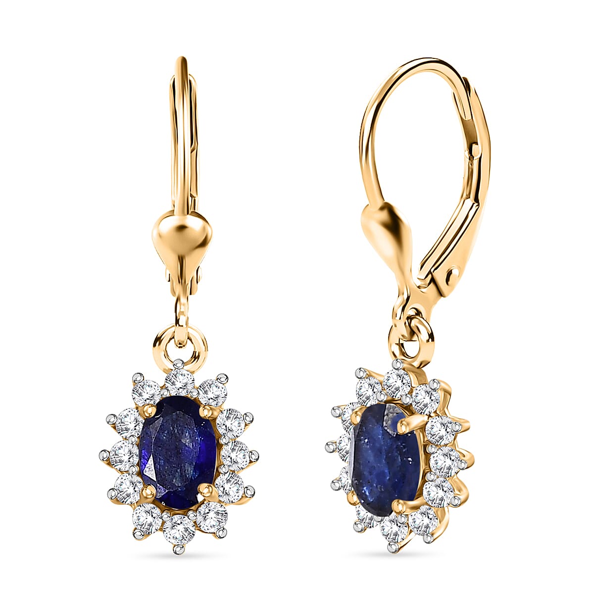 Royal Bali Collection - D'Joy Masoala Sapphire & White Zircon Earring with Lever Back in 18K Vermeil Yellow Gold Plated Sterling Silver 2.06 Ct.