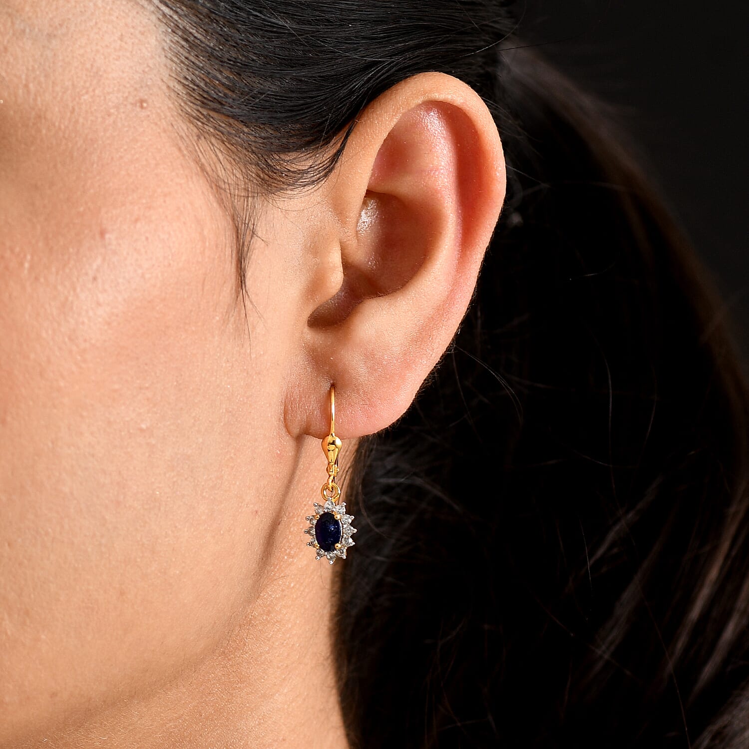 Royal Bali Collection - D'Joy Masoala Sapphire & White Zircon Earring with Lever Back in 18K Vermeil Yellow Gold Plated Sterling Silver 2.06 Ct.