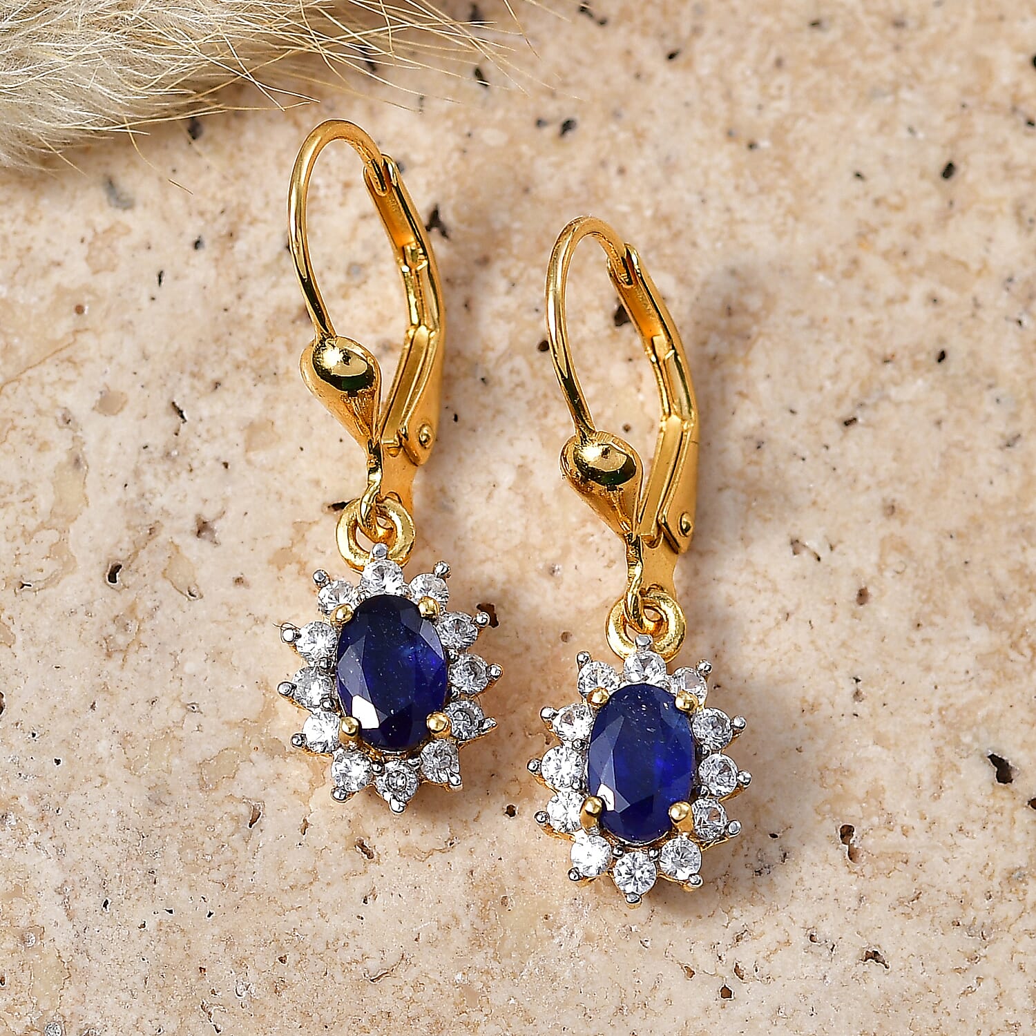 Royal Bali Collection - D'Joy Masoala Sapphire & White Zircon Earring with Lever Back in 18K Vermeil Yellow Gold Plated Sterling Silver 2.06 Ct.
