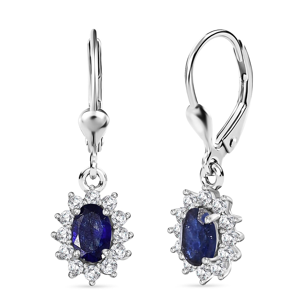 Royal Bali Collection - D'Joy Masoala Sapphire & White Zircon Earring with Lever Back in Rhodium Overlay Sterling Silver 2.06 Ct.