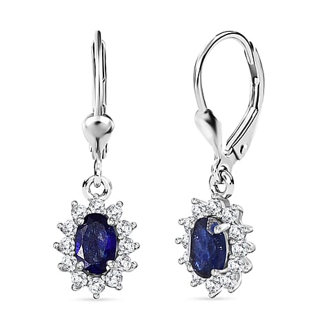 Royal Bali Collection - D'Joy Masoala Sapphire & White Zircon Earring with Lever Back in Rhodium Overlay Sterling Silver 2.06 Ct.