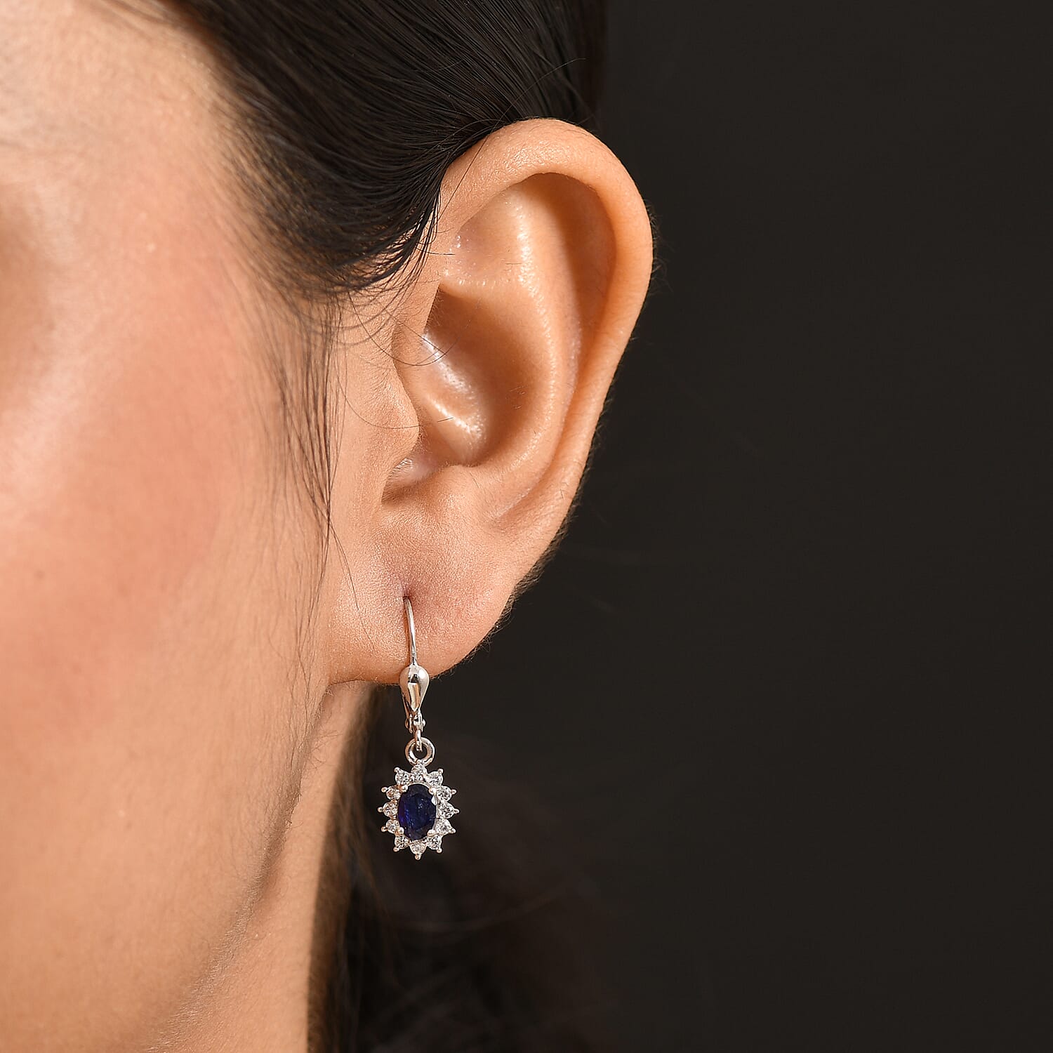 Royal Bali Collection - D'Joy Masoala Sapphire & White Zircon Earring with Lever Back in Rhodium Overlay Sterling Silver 2.06 Ct.