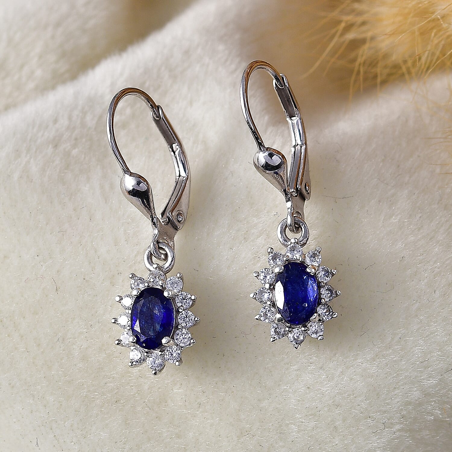Royal Bali Collection - D'Joy Masoala Sapphire & White Zircon Earring with Lever Back in Rhodium Overlay Sterling Silver 2.06 Ct.