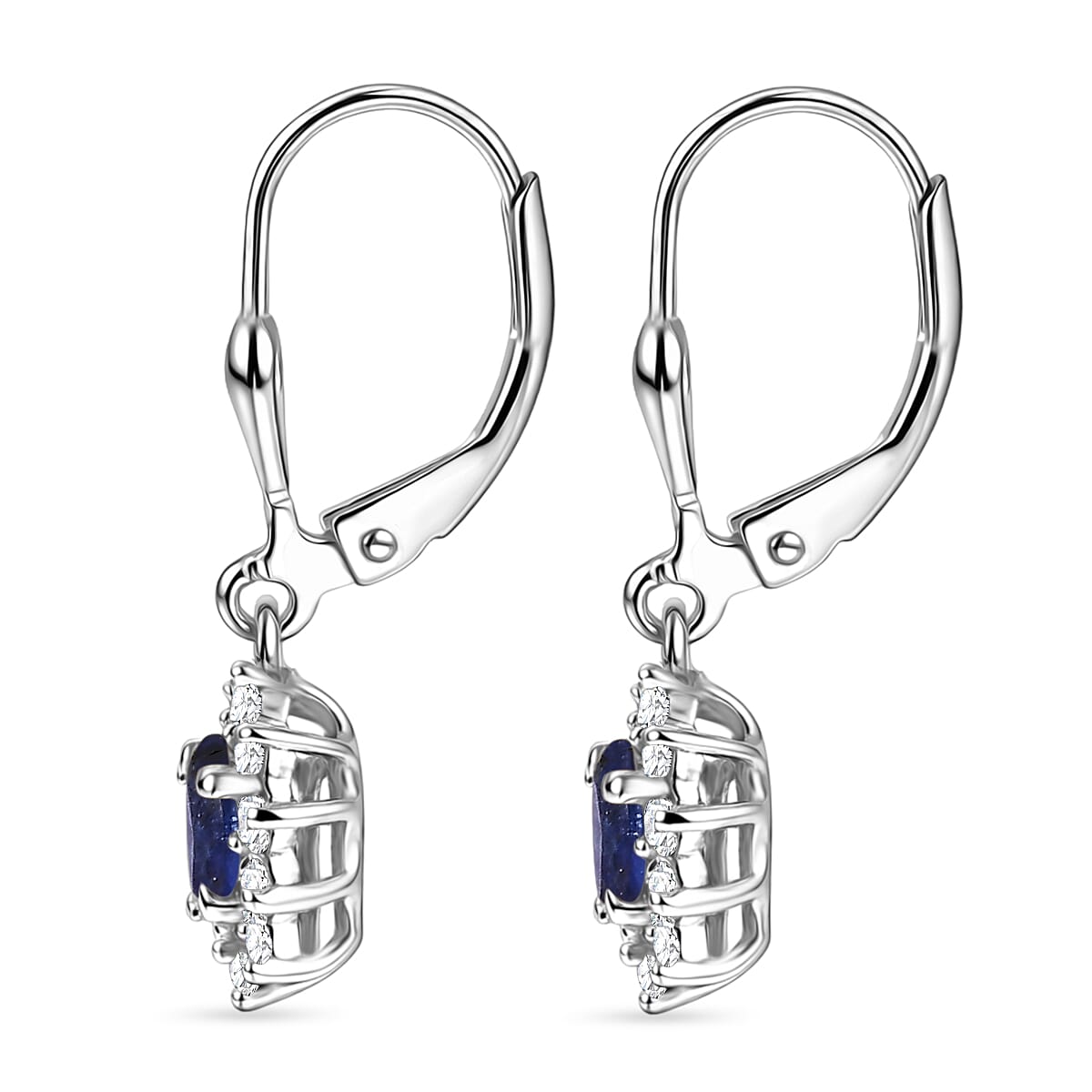 Royal Bali Collection - D'Joy Masoala Sapphire & White Zircon Earring with Lever Back in Rhodium Overlay Sterling Silver 2.06 Ct.